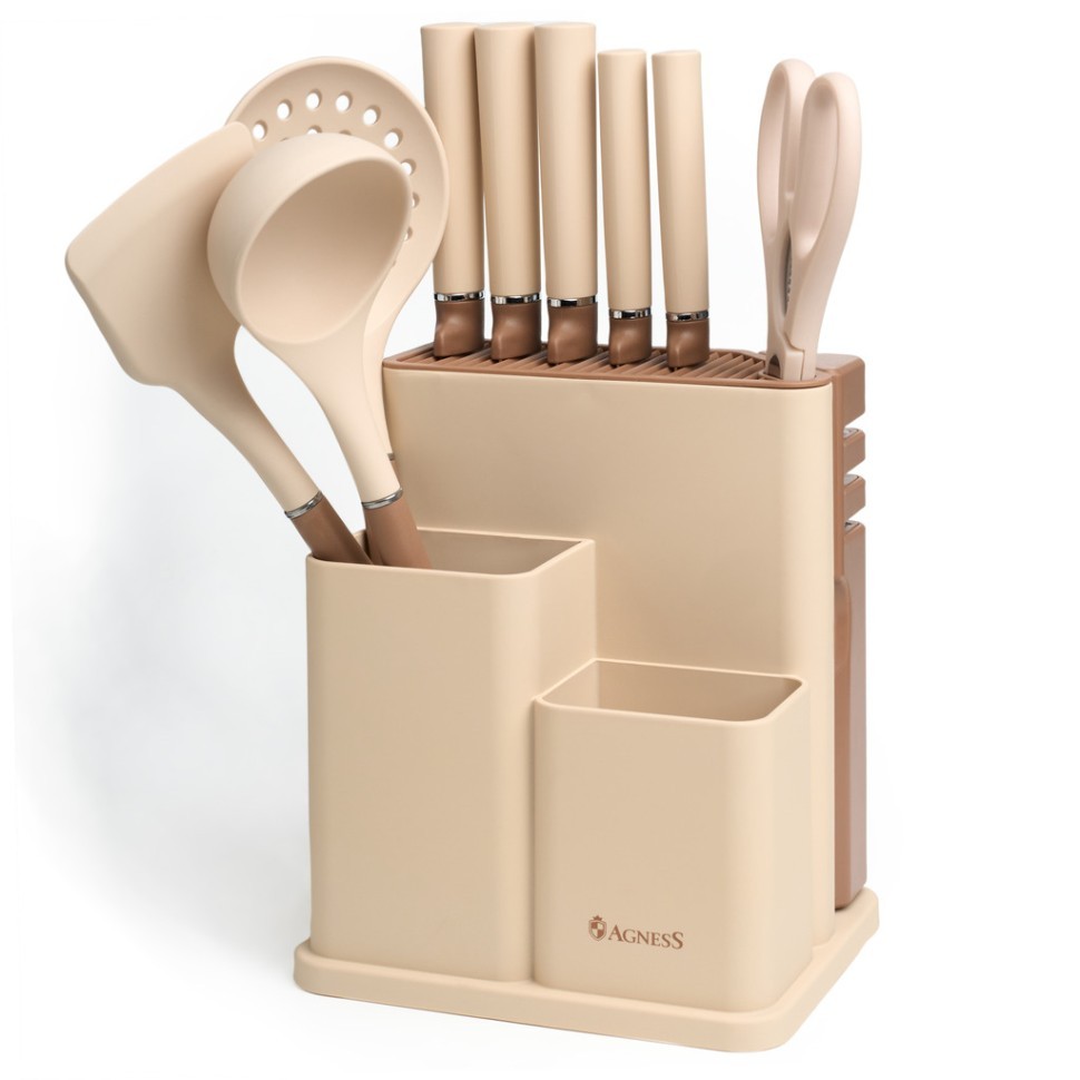 Набор agness из 11пр: 5 ножей,половник,лопатка,шумовка,подставка,ножеточка и ножницы, цвет: бежевый Agness (671-226)