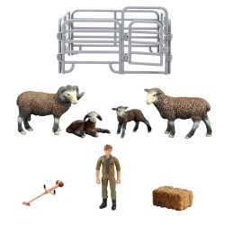 Игрушки фигурки в наборе серии "На ферме", 8 предметов (семья баранов, фермер, ограждение-загон, аксессуары) (MM215-348)