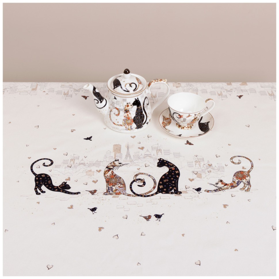 Скатерть " парижские коты" 140х180см ,белый ,100% хлопок ,твил с пропиткой Lefard (850-746-2)