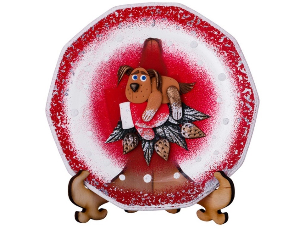 Тарелка стеклянная декоративная на подставке диаметр 150. рисунок: символ года: собака на варежке на Lefard (135-5254)