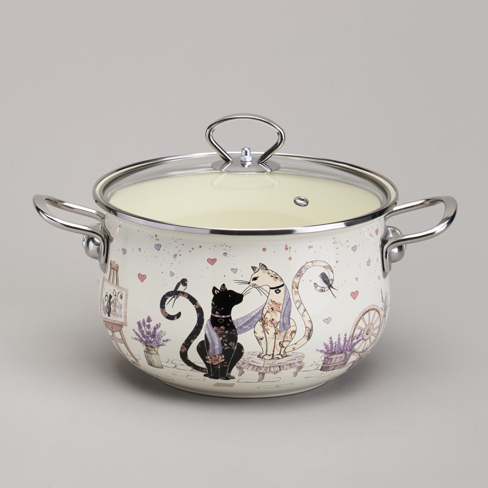 Кастрюля agness эмалированная со стеклянной крышкой серия "lavender cats", 3,8 л диа. 22см Agness (943-078)