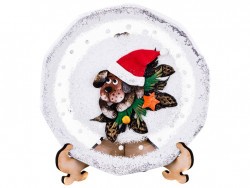 Тарелка стеклянная декоративная на подставке диаметр 150. рисунок: символ года: собака в шапке, ручн (135-5256) 