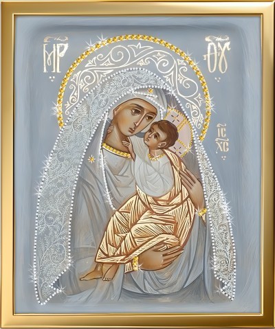Икона Пресвятой Богородицы Умиление «Небесная тишина» с кристаллами Swarovski (2398)