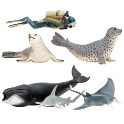 Фигурки игрушки серии "Мир морских животных": Кит, рыбка-молот, манта, морской леопард, дайвер (набор из 5 фигурок животных и 1 человека) (ММ203-027)