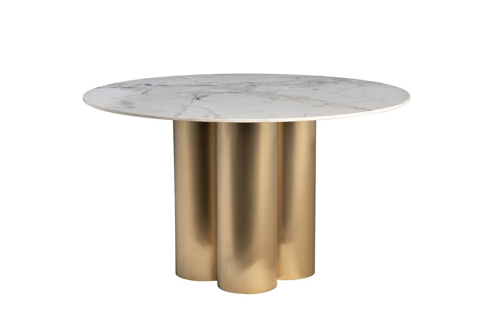 Стол обеденный керамогранит белый/мат.золото d130*76см (TT-00013332)