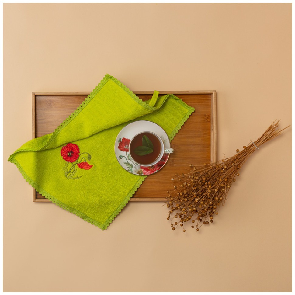 Полотенце "мак",30х50см. махра,лайм,3-d вышивка,100% х\б 400гр\м, кружево Lefard (850-331-93)