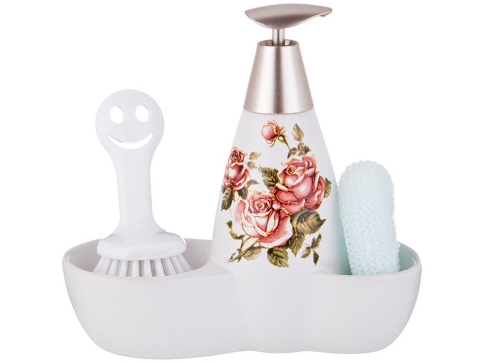 Дозатор для моющего средства "корейская роза" 500 мл + губка и щетка 20*9*18 см Lefard (755-186)