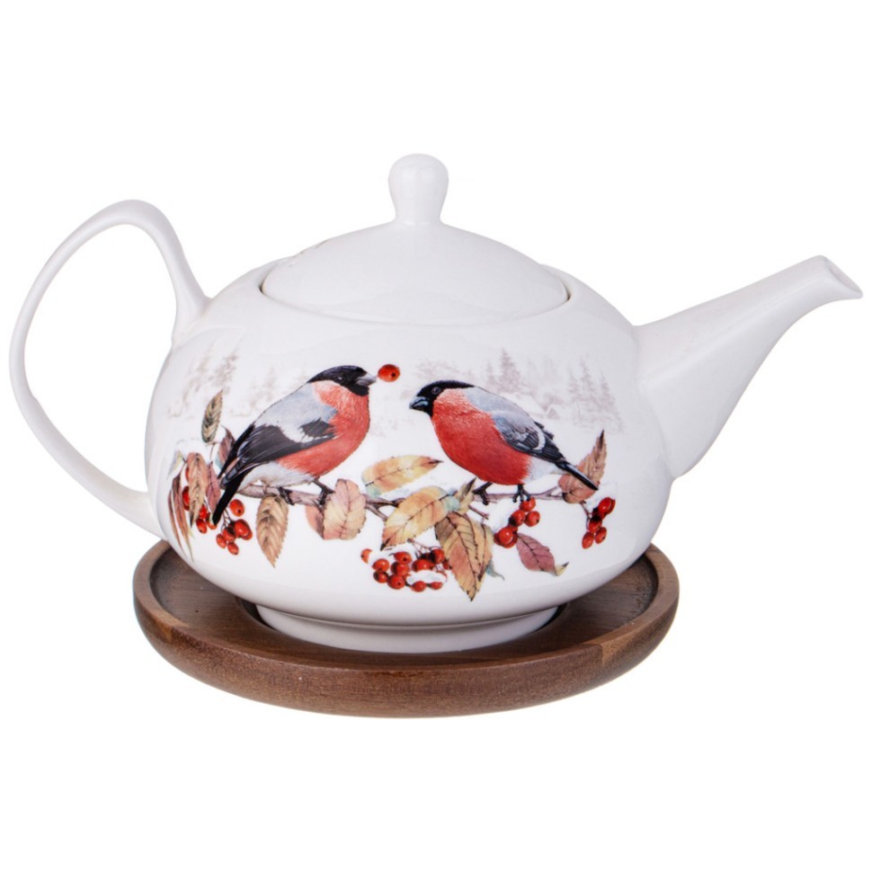 Чайник lefard "лесная сказка" снегири  930 мл на дерев. подставке Lefard (85-2023)