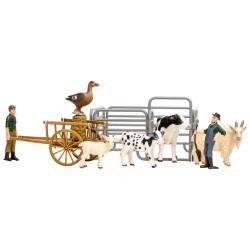 Игрушки фигурки в наборе серии "На ферме", 10 предметов (2 фермера, животные, ограждение-загон, телега, инвентарь) (ММ205-015)