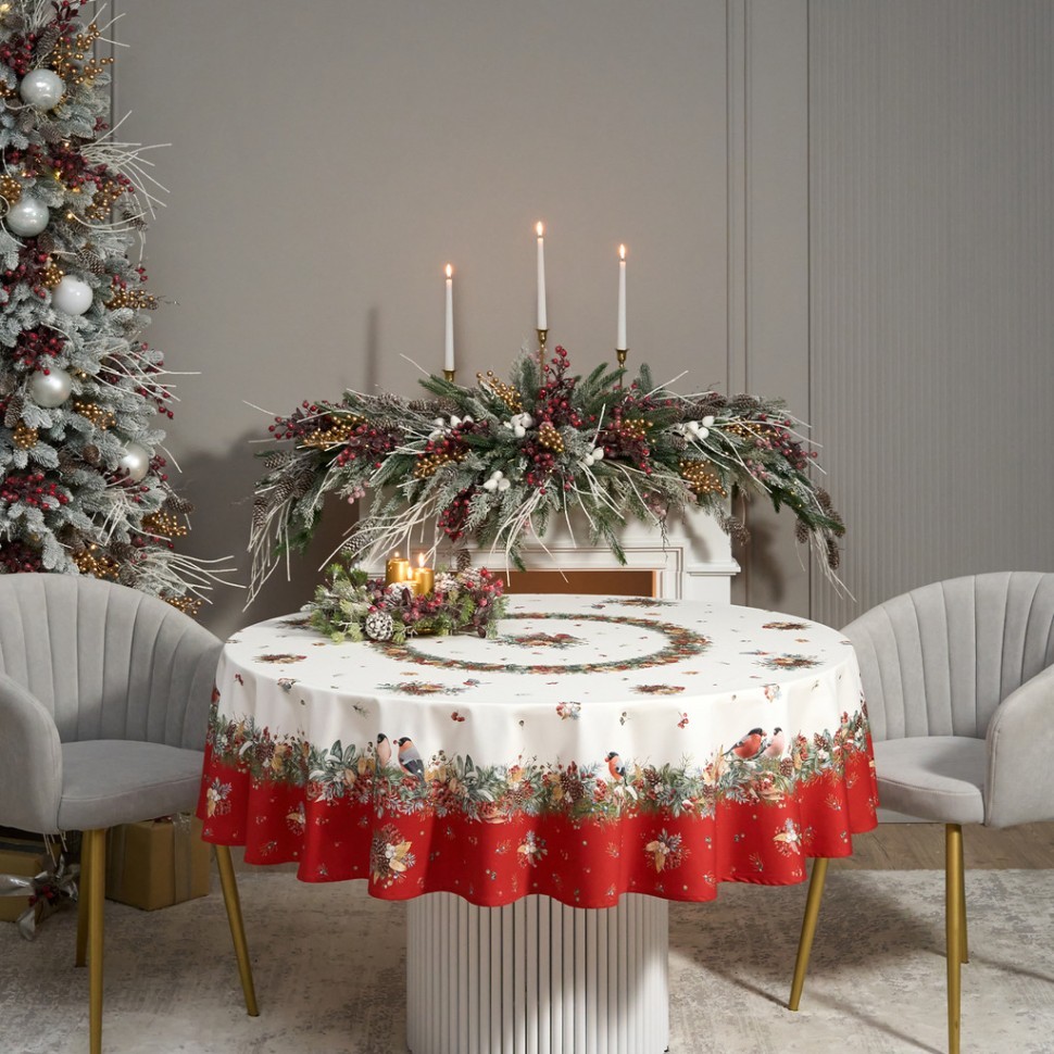 Скатерть круглая "морозко.снегири" 190см ,красный, 100% хлопок, твил, с пропиткой Lefard (850-745-22)