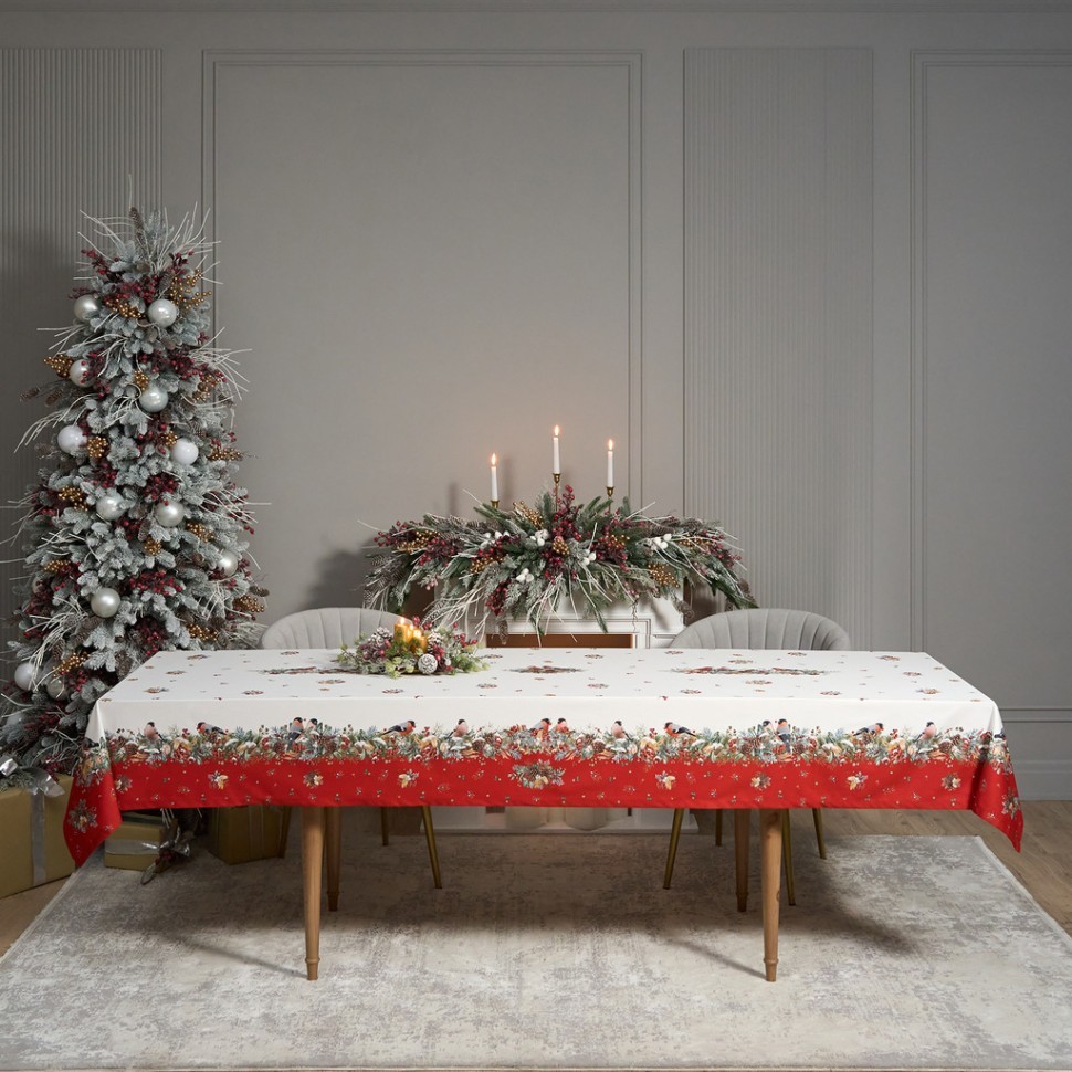 Скатерть "морозко.снегири" 140х300см ,красный, 100% хлопок,твил пропитка Lefard (850-745-25)