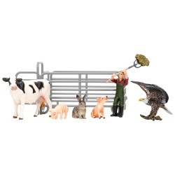 Игрушки фигурки в наборе серии "На ферме", 8 предметов (фермер, корова, 2 поросенка, кролик, орел, ограждение-загон, инвентарь) (ММ205-011)