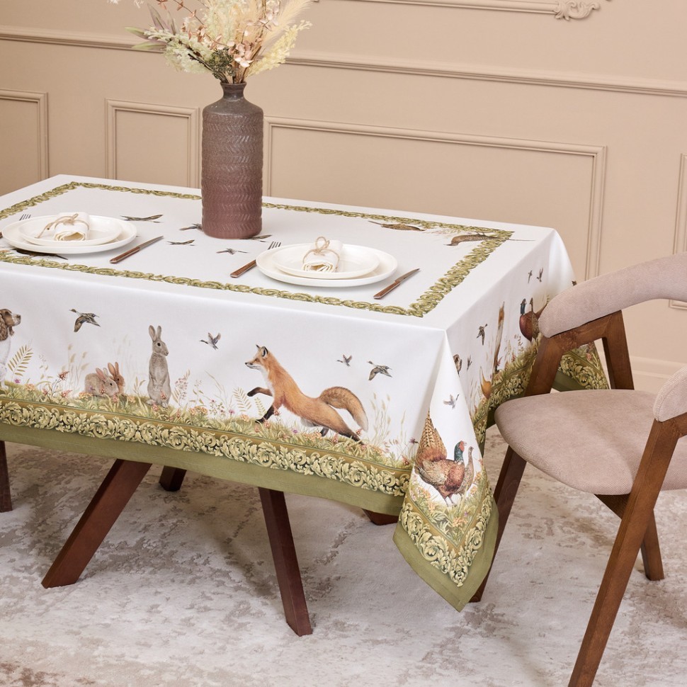 Скатерть "охота"140х180см , 100% хлопок,  зеленый , твил, пропитка Lefard (850-751-2)