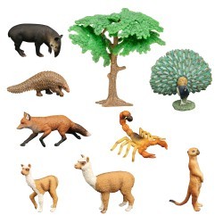 Набор фигурок животных серии "Мир диких животных": павлин, броненосец, тапир, сурикат, лиса, скорпион, 2 ламы, дерево (набор из 9 предметов) (MM211-270)