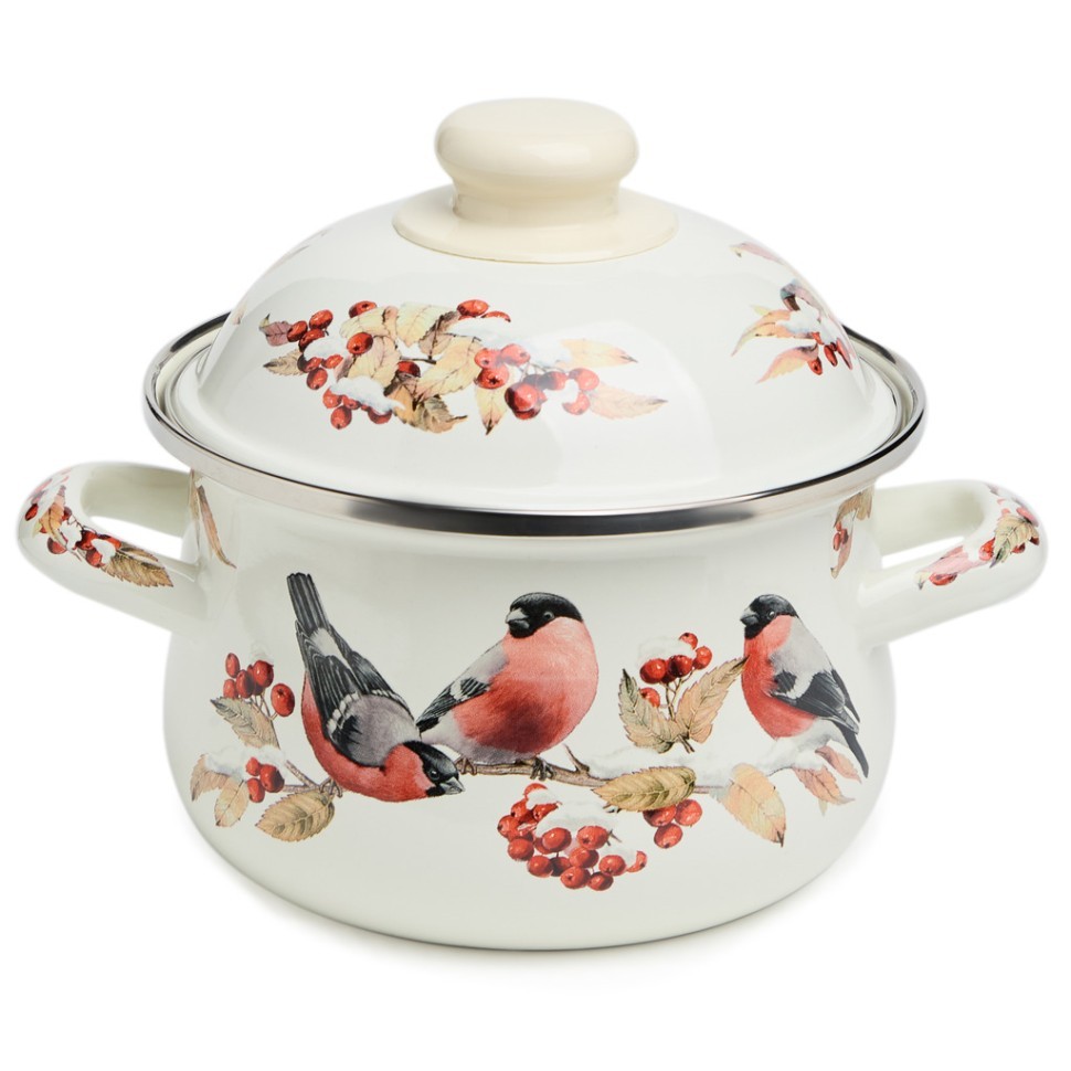 Кастрюля agness эмалированная с эмал.крышкой серия "снегири", 1.5 л, 16*10 см Agness (934-745)