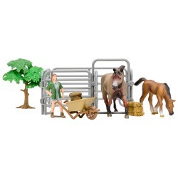 Игрушки фигурки в наборе серии "На ферме", 8 предметов: Американская лошадь и жеребенок, фермер, дерево, ограждение-загон, инвентарь (ММ205-025)