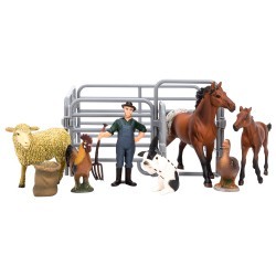 Игрушки фигурки в наборе серии "На ферме", 8 предметов: лошади, овца, кролик, петух, утка, фермер, ограждение-загон, инвентарь (ММ205-026)