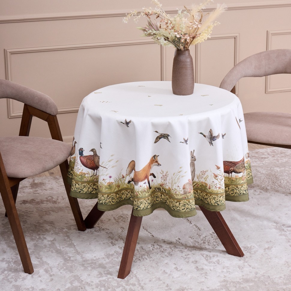 Скатерть  круглая"охота"150 см ,100% хлопок,зеленый ,твил, пропитка Lefard (850-751-23)
