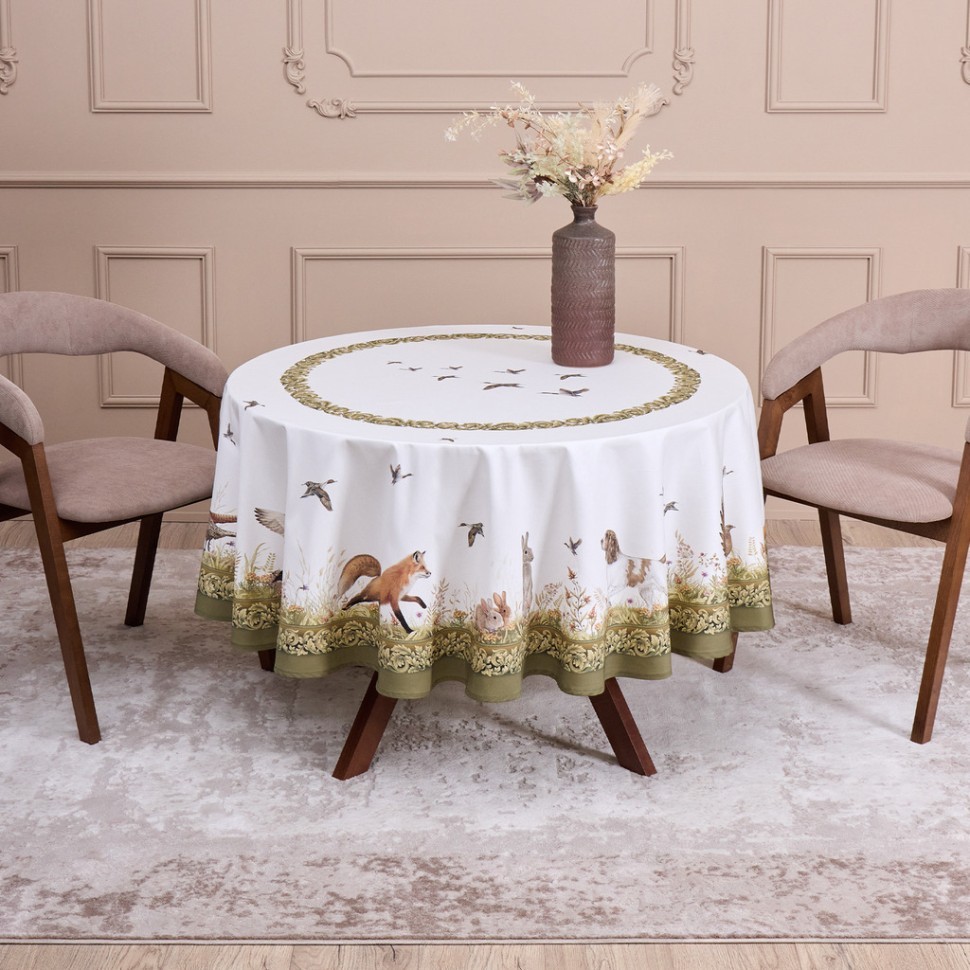 Скатерть круглая "охота"190 см ,100% хлопок,зеленый, твил, пропитка Lefard (850-751-22)