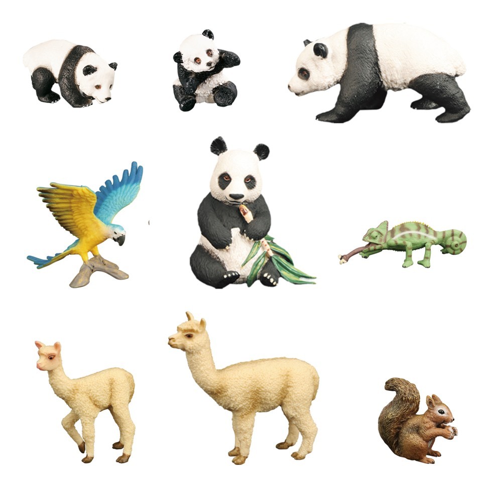 Набор фигурок животных серии "Мир диких животных": семья панд, белка, попугай, хамелеон, 2 ламы (набор из 9 фигурок) (MM211-275)
