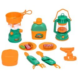 Детская посуда игрушка "Набор Туриста" с набором для пикника 14 предметов: лампа, примус, фляга, аптечка, сковорода, лопата, складной ножик, тарелка (G209-011)