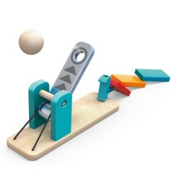 Настольная игра "Падающее домино - Фабрика роботов" для детей, деревянные доминошки, катапульта и переходы (E1057_HP)