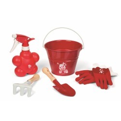 Набор Маленький садовник, красный (пульверизатор, лопатка, грабельки, перчатки, ведро) (J03236b)