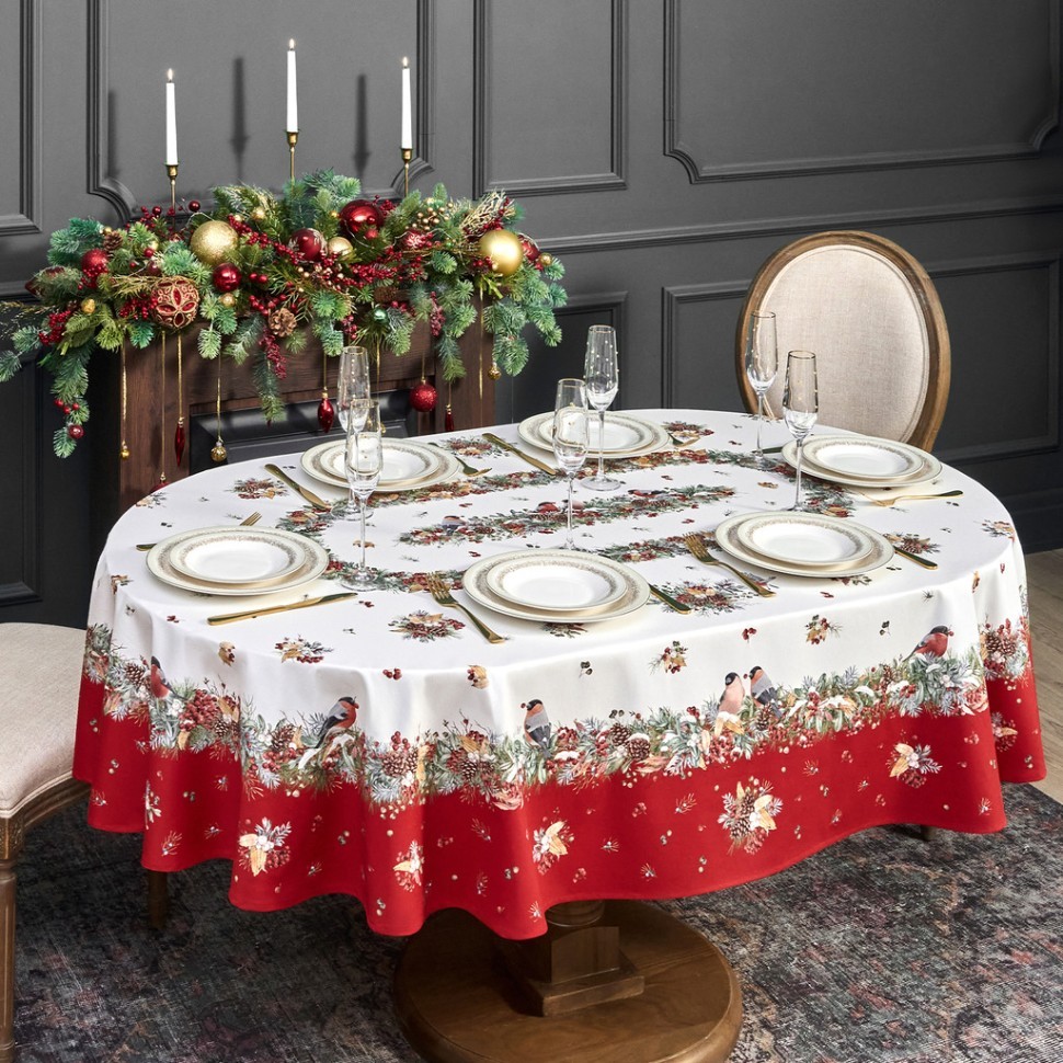 Скатерть овальная "морозко.снегири" 160х220см ,красный, 100% хлопок,твил пропитка Lefard (850-745-41)