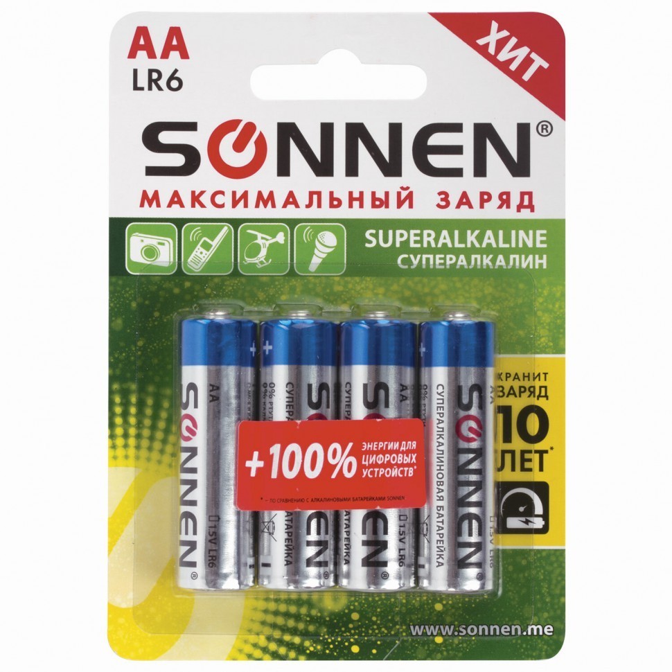 Батарейки алкалиновые Sonnen Super Alkaline LR6 (АА) 4 шт 451094 (12) (76365)