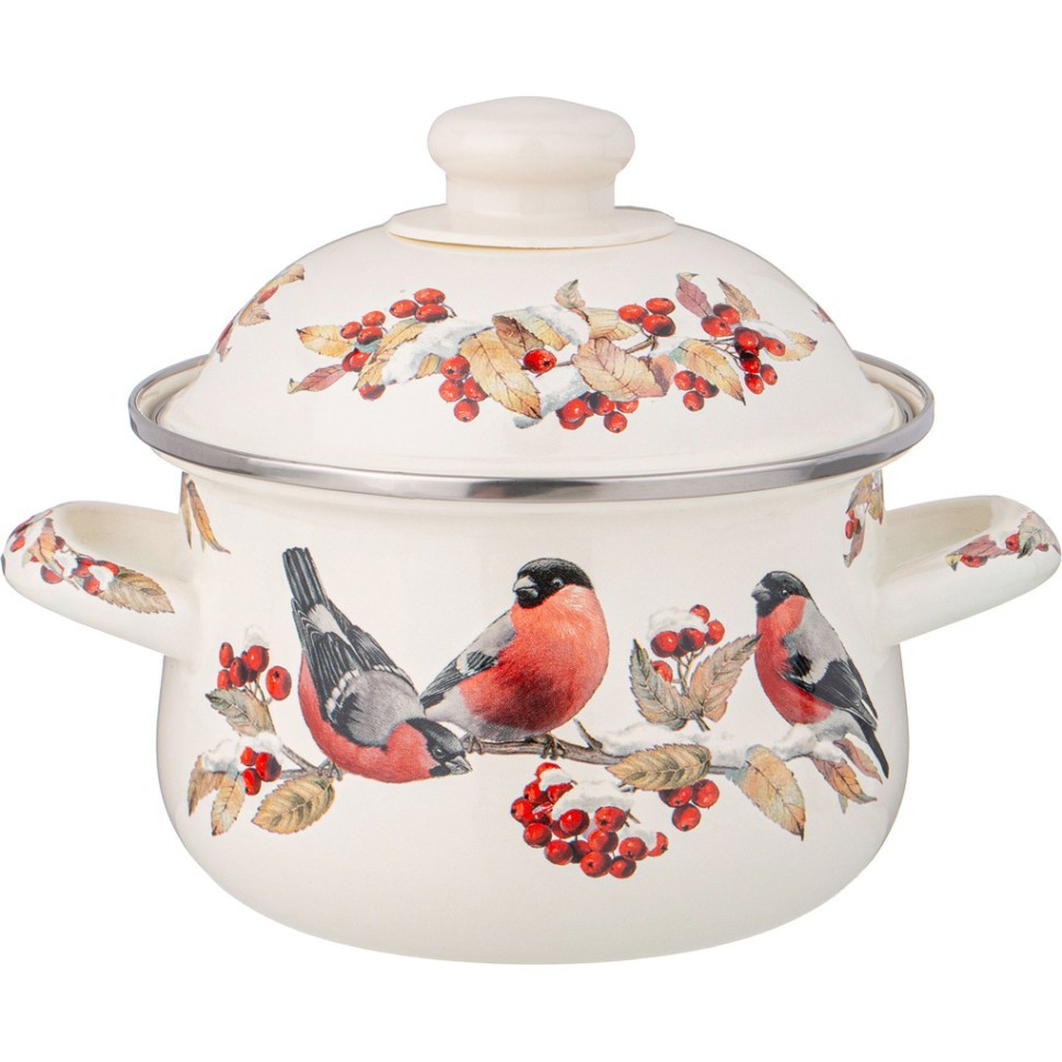 Кастрюля agness эмалированная с эмал.крышкой серия "снегири", 1.5 л, 16*10 см Agness (934-730)