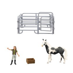 Фигурки животных серии "Мир лошадей": Лошадь, наездница, ограждение, кормушка (набор из 4 предметов) (MM214-316)