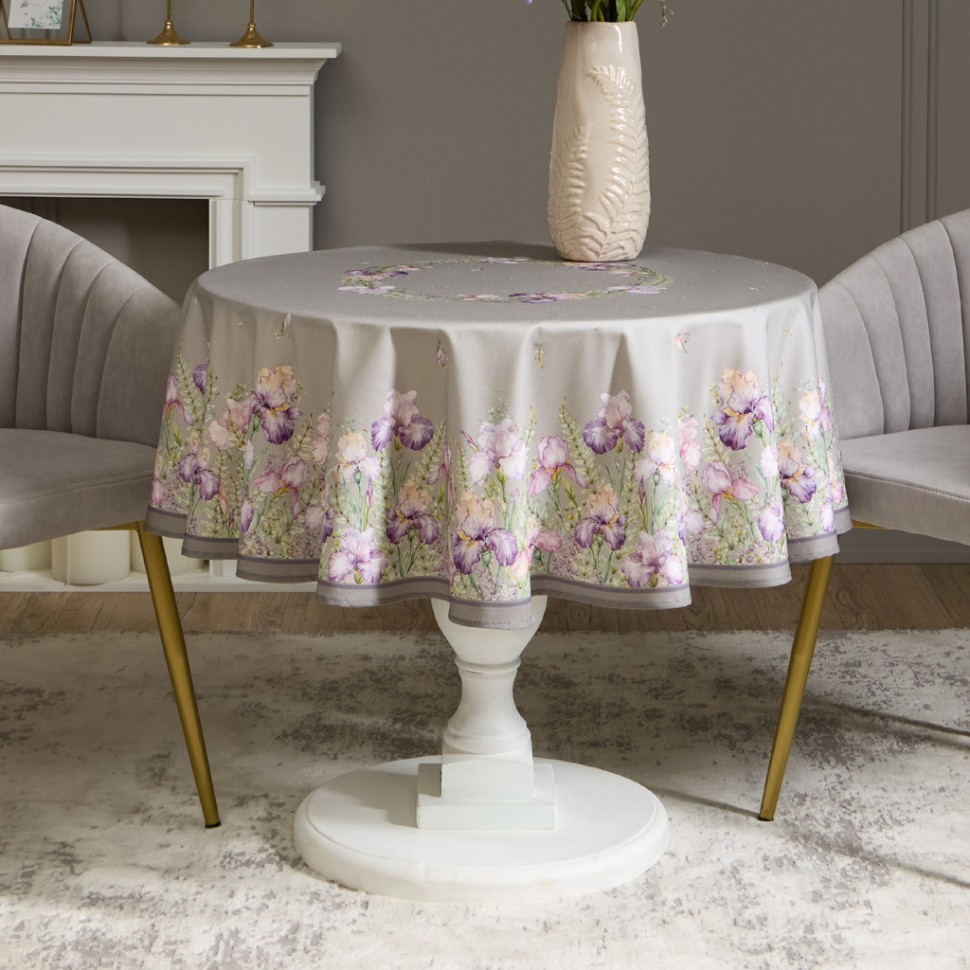 Скатерть круглая  " ирисы" 150см , серый ,100% хлопок ,твил, с пропиткой Lefard (850-755-23)