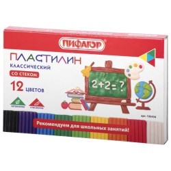 Пластилин классический Пифагор Школьный 12 цветов 180 г со стеком 105434 (66075)