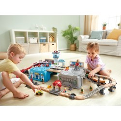 Железная дорога для детей "Мега Метрополис", 80 предметов в контейнере, поезд на батарейках (E3773_HP)