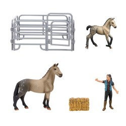Фигурки животных серии "Мир лошадей": Лошадь и жеребенок, наездница, ограждение (набор из 5 предметов) (MM214-342)