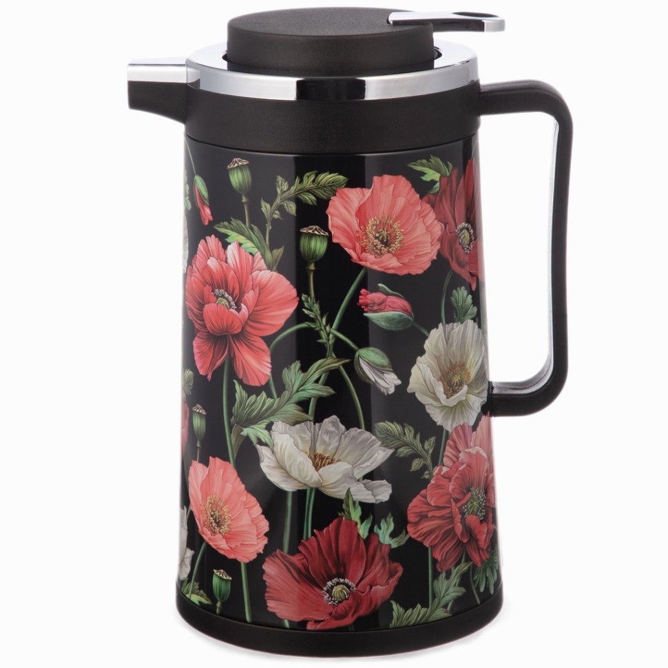 Термос со стеклянной колбой, 950 мл, крышка с клапаном, серия "маки", сохраняет температуру до 24 ч. Agness (734-205)