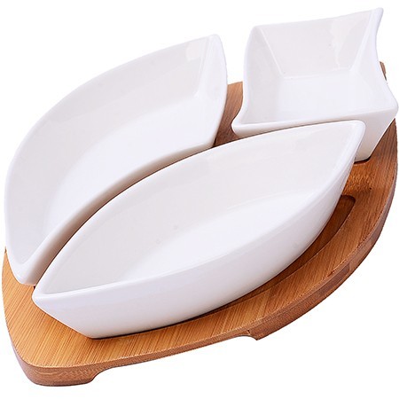 Менажница с подставкой 4пр фарфор/дерево LR (12078)