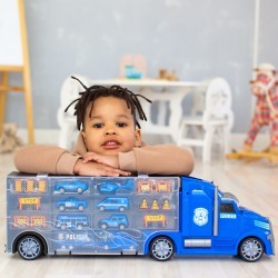 Детская машинка серии "Полицейский участок" (Автовоз - кейс 64 см, синий, с тоннелем. Набор из 4 машинок, 1 автобуса, 1 вертолета, 1 фуры и 12 дорожны (G205-006)