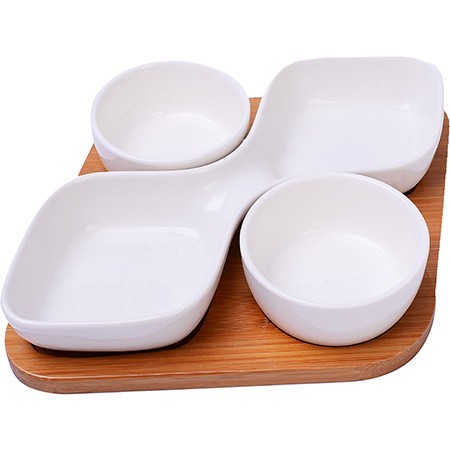 Менажница с подставкой 4пр фарфор/дерево LR (12077)