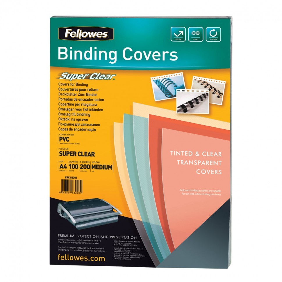 Обложки пластиковые для переплета А4 к-т 100 шт. 200 мкм прозрач. Fellowes FS-53761 530012 (1) (89909)