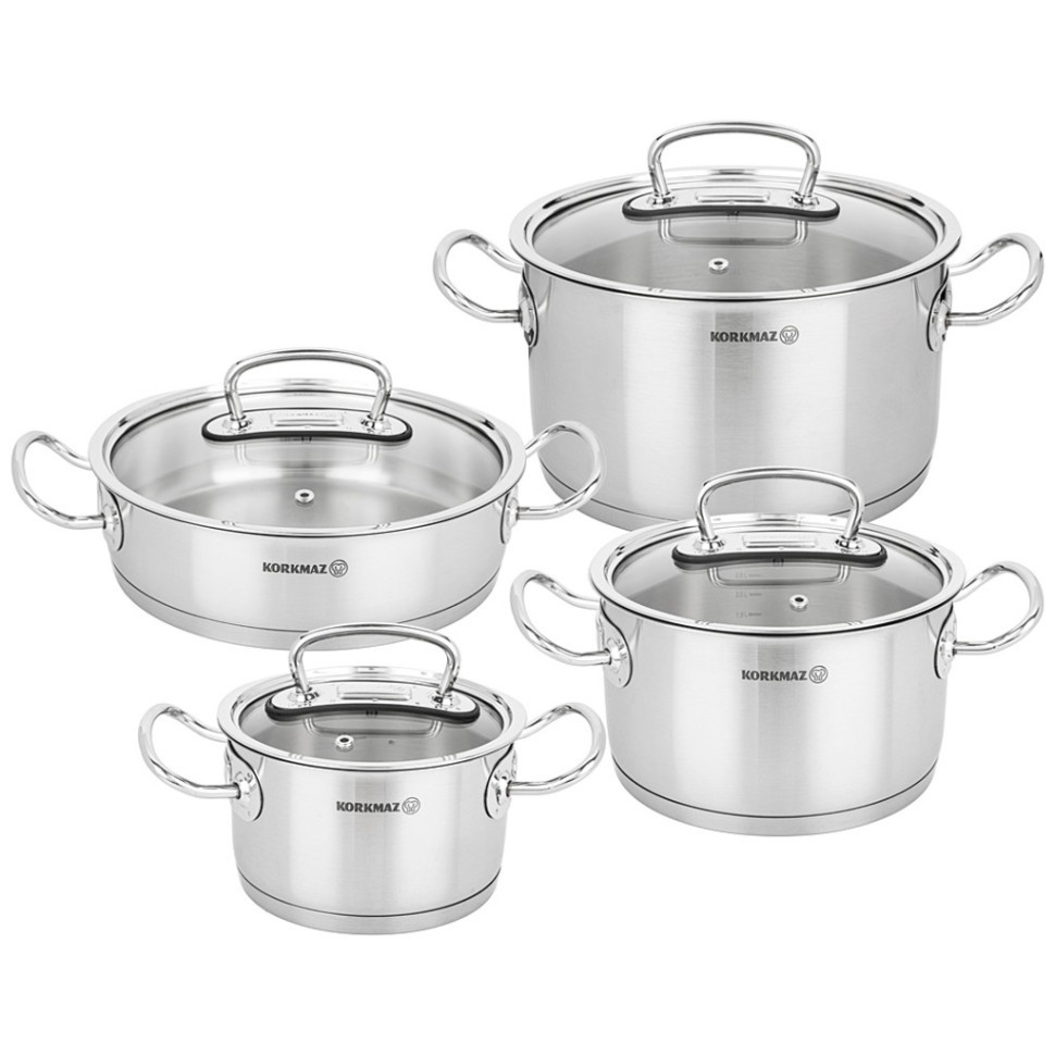 Набор кастрюль korkmaz со стекл.крыш. серия proline 8 пр. 2/4/6,3/3,1л разм.16х10/20х12,5/24х14/24х7 KORKMAZ (902-019)