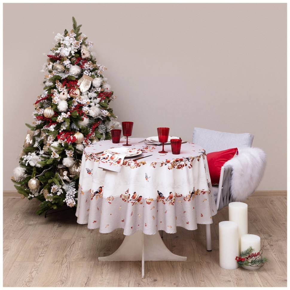 Скатерть круглая "лесная сказка .снегири" 190см , серый ,100% хлопок ,твил с пропиткой Lefard (850-744-22)