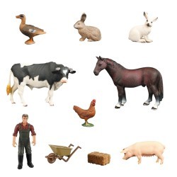 Фигурки животных серии "На ферме": Лошадь, корова,  свинья, 2 кролика, утка, курица, фермер, тележка с сеном (набор из 10 предметов) (MM215-312)