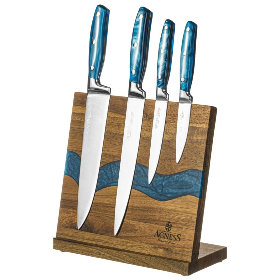 Набор ножей agness на деревянной подставке с магнитным держателем, 5 предметов, Agness (911-787)