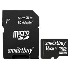 Карта памяти micro SDHC 16 GB Smartbuy 10 Мб/сек (class 10) с адаптером (2) (65856)
