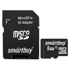 Карта памяти micro SDHC 8 GB Smartbuy 10 Мб/сек (class 10) с адаптером цена за 2 шт (65857)