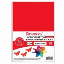 Картон цвеетной Brauberg А4 50 листов красный 220 г/м2 128982 (1) (87138)