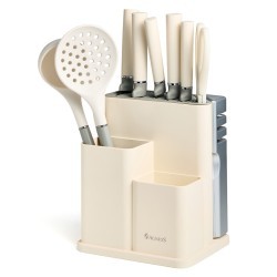 Набор agness из 11пр: 5 ножей,половник,лопатка,шумовка,подставка,ножеточка,ножницы, цвет:белый/серый Agness (671-225)