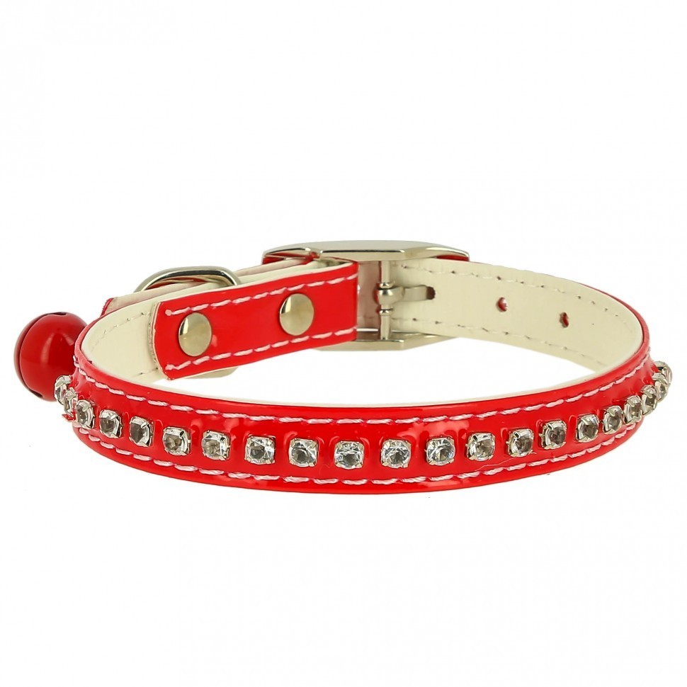 Ошейник для кошки со стразами, бубенчиком Каскад Синтетик 1 см на шею 30 см, красный (83599)