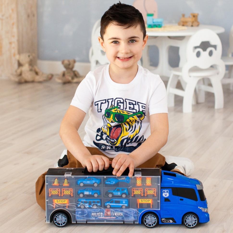 Набор машинок серии "Полицейский участок" (Автовоз - кейс 51,5 см, синий, с тоннелем. 4 машинки, 1 автобус, 1 вертолет и 10 дорожных знаков) (G205-020)